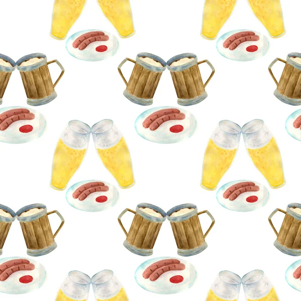 Tasses à bière en bois aquarelle, verre de bière, saucisses grillées sur plaque avec motif sans couture ketchup. Concept d'octoberfest dessiné à la main. Illustration pour la décoration du festival, design de menu pub . — Photo