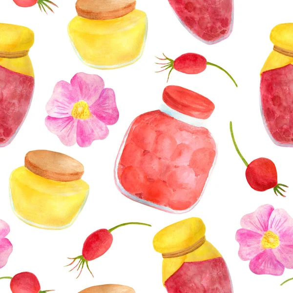 Vasetto di vetro acquerello di marmellata e miele dolce, rosa canina e fiori modello senza soluzione di continuità. Disegnato a mano vintage delizioso conserva illustrazione isolato su sfondo bianco per il design e la decorazione . — Foto Stock