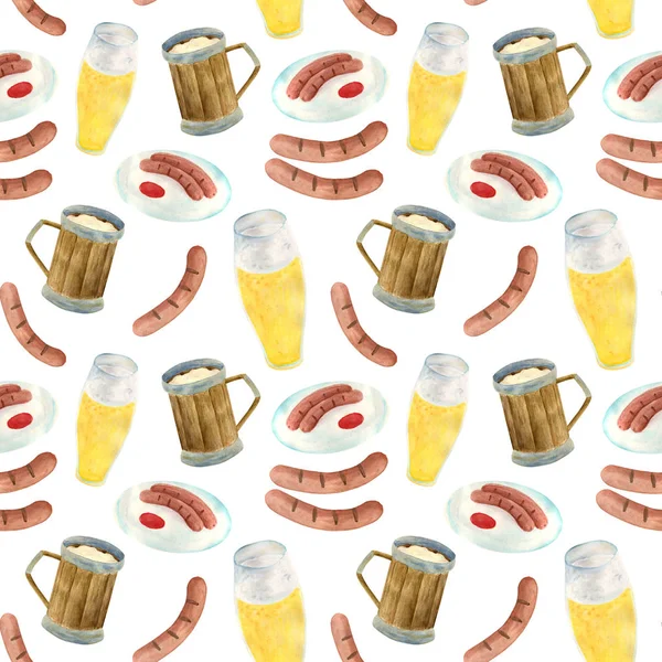 Watercolor wooden beer mugs, glass of lager, grill sausages on plate with ketchup seamless pattern. Hand drawn octoberfest concept. Illustration for festival decoration, pub menu design. — Stock Photo, Image