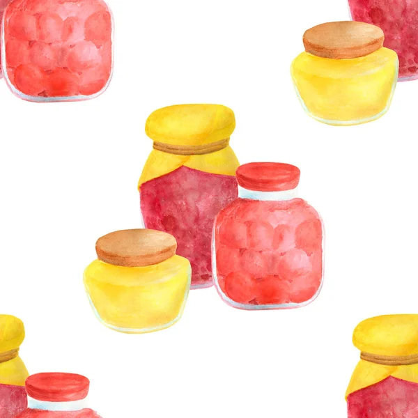 Watercolor glass jar of jam and sweet honey seamless pattern. Hand drawn vintage delicious preserves illustration isolated on white background. Painted backdrop for design and decoration. — Stock Photo, Image