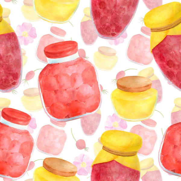 Watercolor glass jar of jam and sweet honey, rose hips and flowers seamless pattern. Hand drawn vintage delicious preserves illustration on translucent background for design and decoration.