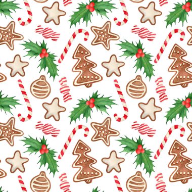 Suluboya Noel dikişsiz desen. El çizilmiş geleneksel kurabiye, zencefilli yıldız, pudra şekeri ile ağaç, holly yaprakları ve çilek, şeker kamışı. Tatil için dekorasyon, kartlar, ambalaj kağıdı.