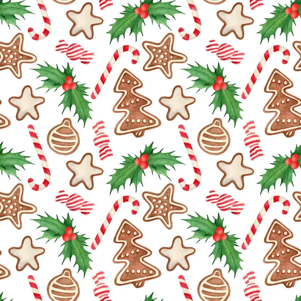 Ακουαρέλα Χριστούγεννα χωρίς ραφές. Χειροποίητα μπισκότα, κέικ, δέντρο με ζάχαρη άχνη, φύλλα και μούρα, καραμέλα ζαχαροκάλαμο. Διακόσμηση για διακοπές, κάρτες, χαρτί περιτυλίγματος. — Φωτογραφία Αρχείου