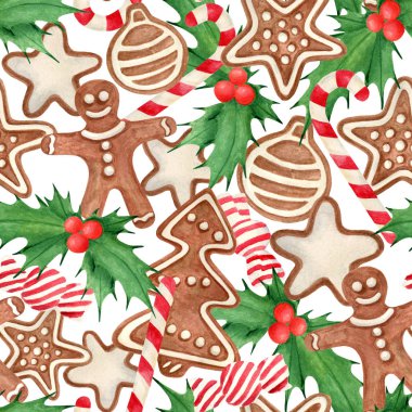 Suluboya Noel dikişsiz desen. El çizilmiş geleneksel kurabiye, zencefilli adam, yıldız, pudra şekeri ile ağaç, holly yaprakları ve çilek, şeker kamışı. Tatil için dekorasyon, kartlar, ambalaj kağıdı