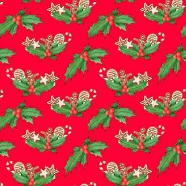 Suluboya Noel dikişsiz desen. El çizilmiş geleneksel kurabiye, zencefilli adam, pudra şekeri ile yıldız, holly yaprakları ve çilek, şeker kamışı. Tatil için dekorasyon, kartlar, ambalaj kağıdı.