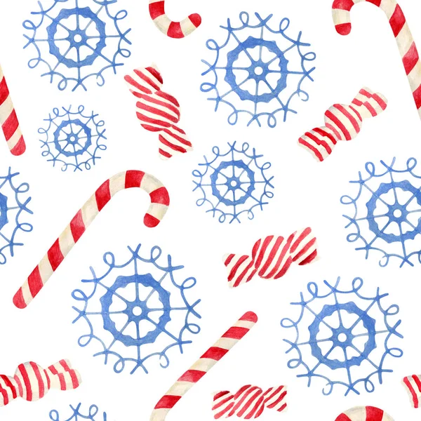 Watercolor Xmas seamless pattern. Hand drawn Christmas treat, candy cane, sweets and snowflake. Celebration elements isolated on white background for design, cards, wrapping paper. — Stock Photo, Image