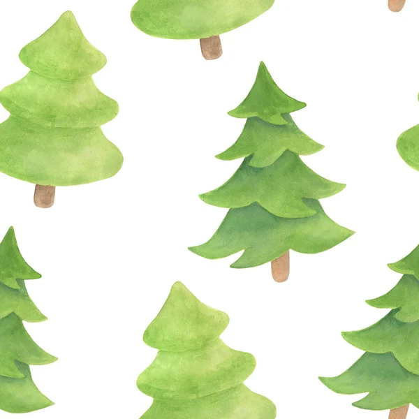 水彩モミシームレスパターン。白い背景に隔離された常緑植物の手描き。装飾、クリスマスデザイン、カード、子供のイラスト、包装紙のためのスプルースの背景. — ストック写真
