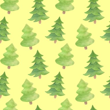 Suluboya köknar dikişsiz desen. El sarı arka plan üzerinde izole dökmeyen bitkiler çizilmiş. Dekorasyon için ladin zemin, Noel tasarımı, kartlar, çocuk illüstrasyon, ambalaj kağıdı.