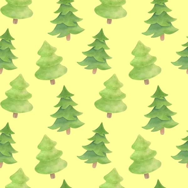 水彩モミシームレスパターン。黄色の背景に隔離された常緑植物の手描き。装飾、クリスマスデザイン、カード、子供のイラスト、包装紙のためのスプルースの背景. — ストック写真
