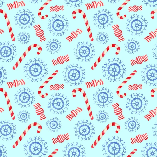 Watercolor Xmas seamless pattern. Hand drawn Christmas treat, candy cane, sweets and snowflake. Celebration elements isolated on blue background for design, cards, wrapping paper.