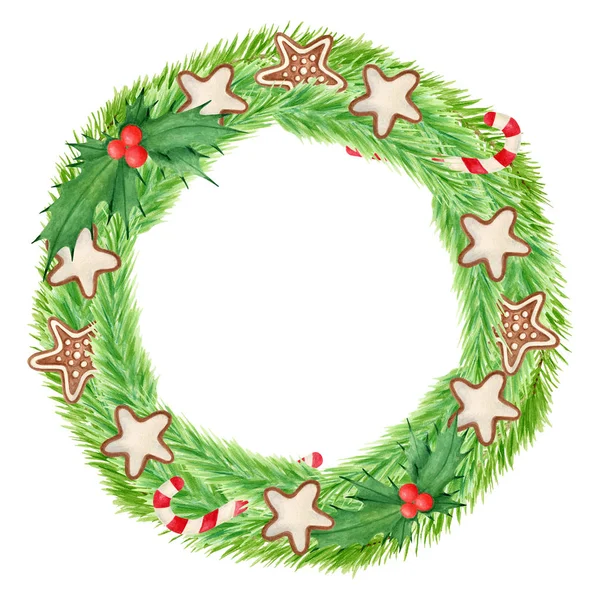 Watercolor colorful Christmas wreath with spruce branches, holly leaves and berries, gingerbread stars and candy cane. Hand drawn door decoration isolated on white background. Round frame design. — Stock Photo, Image