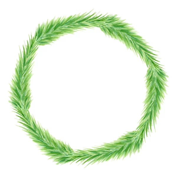 Watercolor green Christmas wreath with spruce branches. Hand drawn minimalistic door decoration isolated on white background. Round frame template for greeting cards, holiday design. — Stock Photo, Image