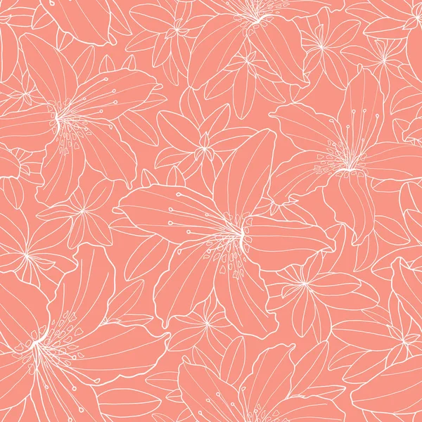 Delinear Rhododendron decorativo e lírio flor sem costura padrão. Ilustração de contorno branco desenhado à mão botânica no fundo de cor rosa pêssego para têxteis, cartão de saudação, impressão, design de moda . — Fotografia de Stock