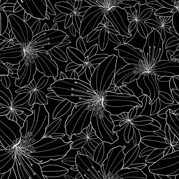 Zarys dekoracyjny Rhododendron i lilia kwiat bezszwowe wzór. Botaniczna ręcznie rysowana czarno-biała monochromatyczna ilustracja dla tekstyliów, kolorowanka, kartki okolicznościowe, druk, projektowanie mody. — Zdjęcie stockowe