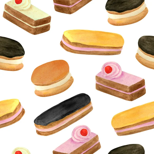 Pasteles de acuarela patrón sin costuras. Galleta de crema de frutas dibujada a mano, eclair con glaseado de chocolate, postre. Ilustración de alimentos dulces en blanco para la decoración del menú, celebración de cumpleaños, diseño de tarjetas . — Foto de Stock