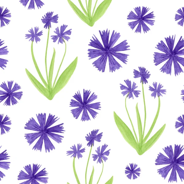 Watercolor beautiful cornflower seamless pattern. Abstract floral illustration isolated on white background. Hand drawn purple flowers for design, decoration, fabric, textile, print. — Stock Photo, Image