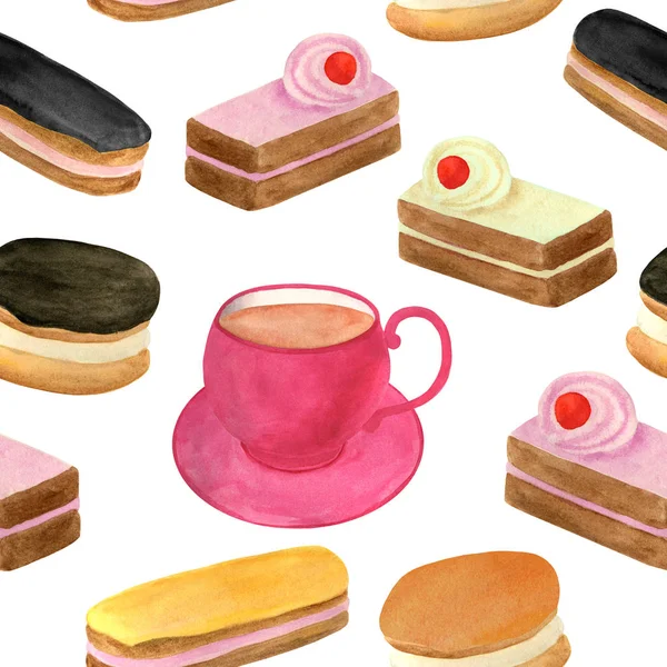 Pasteles de acuarela patrón sin costuras. Taza de té dibujada a mano, galletas de crema de frutas, eclair con glaseado de chocolate, postre de miel. Ilustración de comida dulce en blanco para la decoración del menú, celebración de cumpleaños . — Foto de Stock