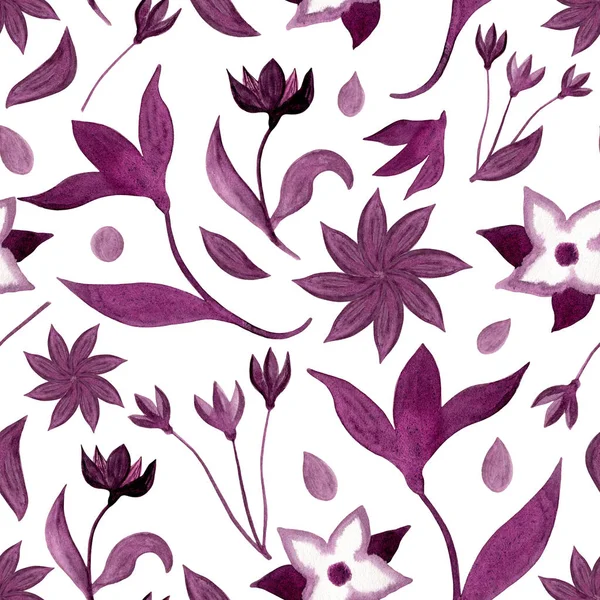 Watercolor abstract flowers seamless pattern. Hand drawn purple plants, leaves and petals, herbs illustration isolated on white background for design, print, decoration. — Stock Photo, Image