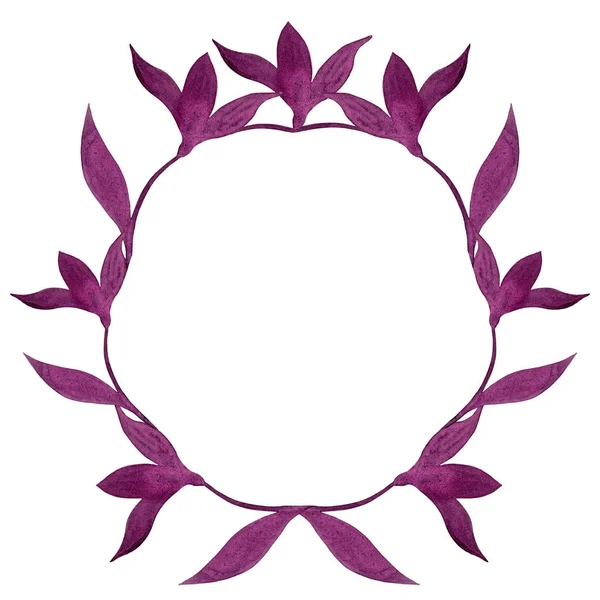 Acquerello fiori astratti cornice rotonda. Piante viola disegnate a mano, foglie e petali, illustrazione di erbe isolate su sfondo bianco. Modello per design, stampa, decorazione, tessile . — Foto Stock