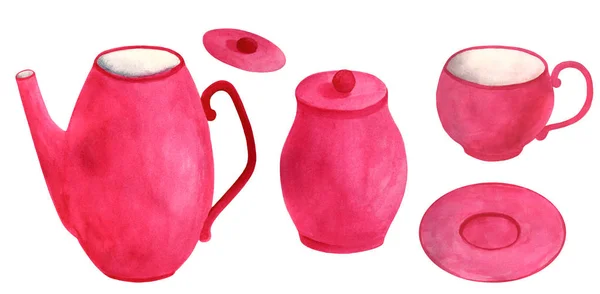 Akvarell tea meg. Kézzel rajzolt élénk rózsaszín teáskanna, csésze csészealj, cukor tál izolált fehér háttér. Illusztráció élelmiszer design, dekoráció, Scrapbooking. — Stock Fotó