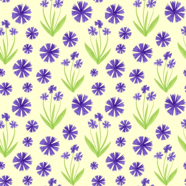 Watercolor beautiful cornflower seamless pattern. Abstract floral illustration isolated on yellow background. Hand drawn purple flowers for design, decoration, fabric, textile, print. — Stock Photo, Image