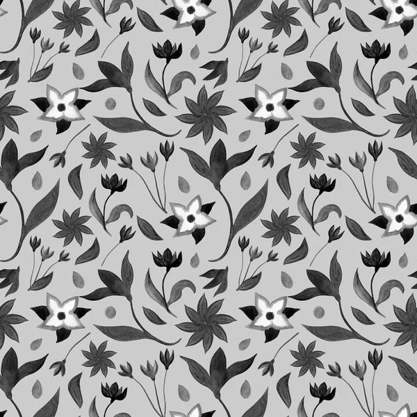 Akvarell abstrakt blommor sömlösa mönster. Handritade svarta växter, löv och kronblad, örter illustration isolerad på grå bakgrund för design, tryck, dekoration. — Stockfoto