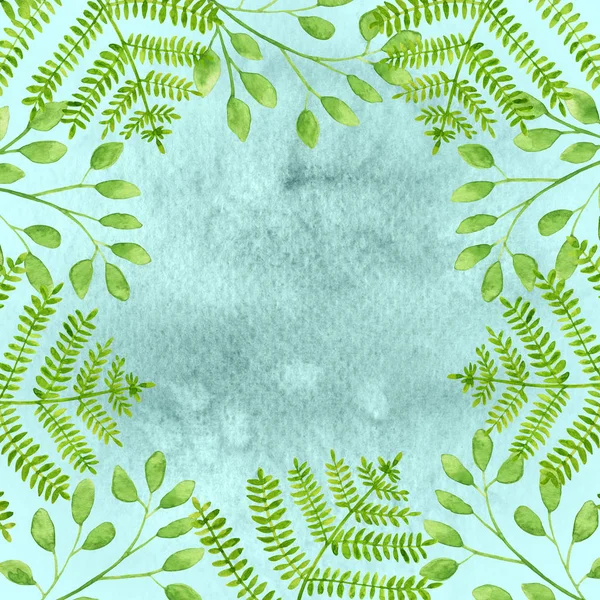 Akvarell grön ormbunke, eukalyptus blad ram. Handritad fyrkantig botanisk mall med växter på blå texturerad bakgrund för inbjudan, spara datum, gratulationskort, banner, bröllop, dekoration. — Stockfoto