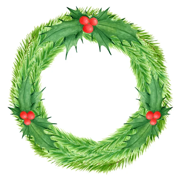 Watercolor colorful Christmas wreath with spruce branches, holly leaves and berries. Hand drawn door decoration isolated on white background. Round frame template for greeting cards, holiday design. — Stock Photo, Image