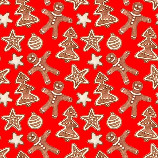Ακουαρέλα Χριστούγεννα χωρίς ραφές. Παραδοσιακά μπισκότα με χέρι. Μπισκότα, αστέρι, δέντρο με ζάχαρη άχνη σε κόκκινο φόντο. Διακόσμηση για διακοπές, ευχετήριες κάρτες, χαρτί περιτυλίγματος, καρτ ποστάλ — Φωτογραφία Αρχείου