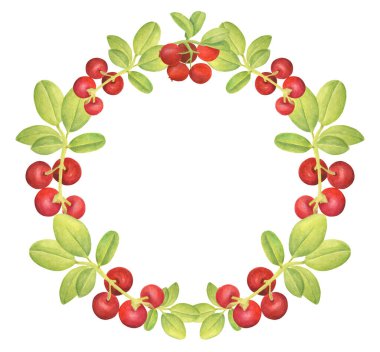 Suluboya inek böğürtleni. Kırmızı böğürtlen ve yapraklı el yapımı çiçek çelengi. Tasarım için orman bitkisi şablonu, tebrik kartı, düğün davetiyesi, ambalaj, gıda ambalajı, dekorasyon.