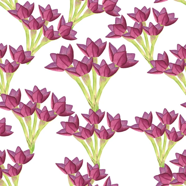 Watercolor abstract composition of burgundy flowers bouquets seamless pattern. Hand drawn campanula plants, tobacco buds isolated on white background for design and decoration. — Stock Photo, Image