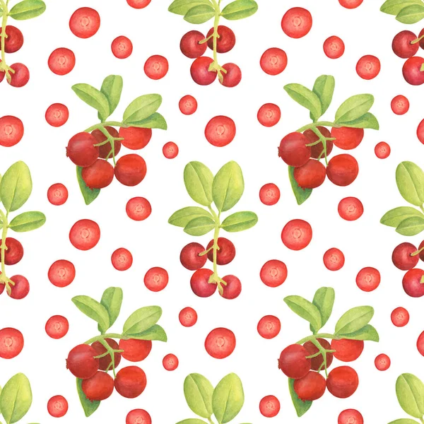 Aquarell Preiselbeere nahtloses Muster. handgezeichnete Zweige mit roten Beeren und Blättern auf weißem Hintergrund. Forstbetrieb für Design, Karten, Einladungen, Tapeten, Verpackungen, Textilien, Lebensmittelverpackungen. — Stockfoto