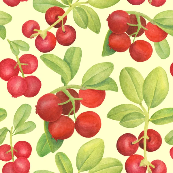 Aquarel cowberry naadloos patroon. Handgetekende takken met rode bessen en bladeren op gele achtergrond. Bosplant voor ontwerp, kaarten, uitnodigingen, behang, verpakking, textiel, voedselverpakking. — Stockfoto