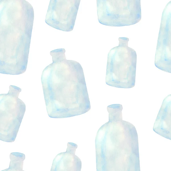 Suluboya şeffaf cam şişe dikişsiz desen. Dekorasyon ve tasarım için el yapımı açık mavi vazolar. Mutfak dekorasyonu, ambalaj.. — Stok fotoğraf