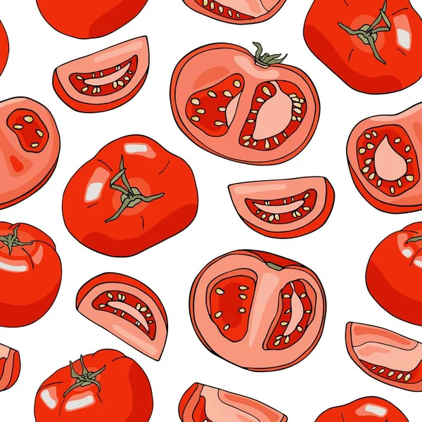 Padrão Sem Emenda Tomates Vermelhos Vetores Mão Inteira Fatiada Meio —  Vetores de Stock