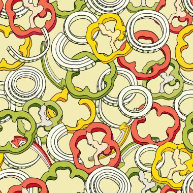 Soğan ve dolmalık biber dilimleri. Soslar ve salatalar için dökülen malzemelerin vektör karikatür çizimi. Parlak renkli sebzeler. Pastel arka planda yeşil, sarı, kırmızı biber