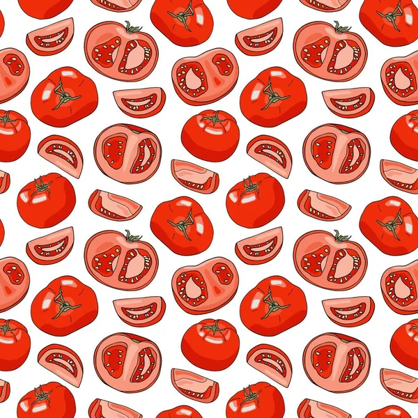 Vektor rote Tomaten nahtlose Muster. Handgezeichnetes, in Scheiben geschnittenes und halb geschnittenes frisches Tomatengemüse isoliert auf weißem Hintergrund. Lebensmittelbestandteile Cartoon Textur. Gesunde Ernährung, vegetarisch. — Stockvektor