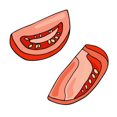 Kırmızı domates dilimleri. El çizimi beyaz arka planda izole edilmiş taze domates sebzeleri. Yemek malzemeleri karikatür çizimi. Paket, tarif, tasarım için sağlıklı vejetaryen yemekleri