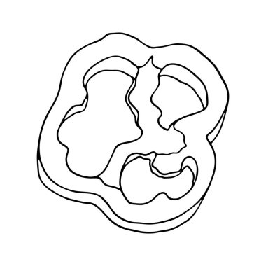 Çan biberi ana hatlı vektör çizimi. El yapımı sebzeler beyaz arka planda izole edilmiş. Capsicum 'u kes. Lezzetli malzeme, malzeme. Vejetaryen yemeği çizimi..