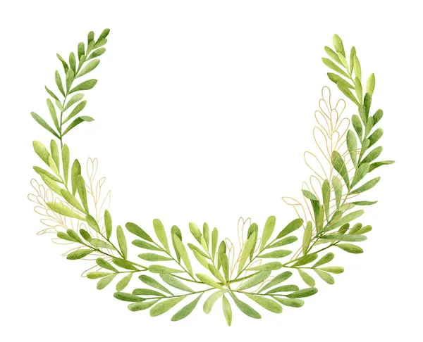 Αδιάβροχο πράσινο και χρυσό στεφάνι από φύλλα γκλίτερ. Χειροποίητο ημικύκλιο πλαίσιο πρότυπο με δέντρο τσαγιού φυτό που απομονώνονται σε λευκό φόντο. Βαμμένα βότανα για καλλυντικά, πρόσκληση, κάρτα, γάμο. — Φωτογραφία Αρχείου