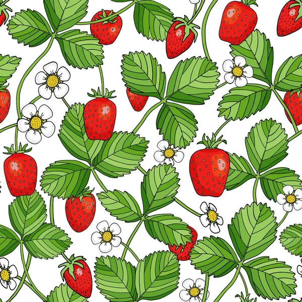 Fragola dolce con foglie e fiori modello senza soluzione di continuità. Illustrazione colorata del vettore del fumetto. Piante luminose e bacche rosse isolate su sfondo bianco per imballaggio, stampa, avvolgimento, carta da parati . — Vettoriale Stock