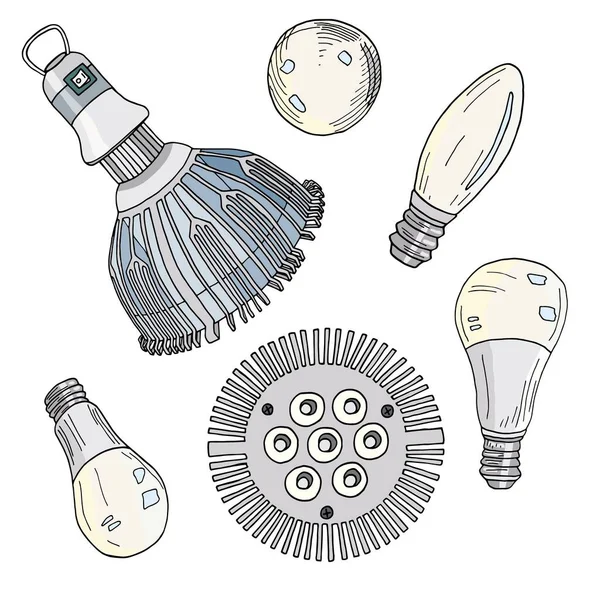 Set Vektor-Glühbirnen. Handgezeichnete LED-Lampen und Phyto-Lampen isoliert auf weißem Hintergrund. Karikaturfarbige Illustration. — Stockvektor