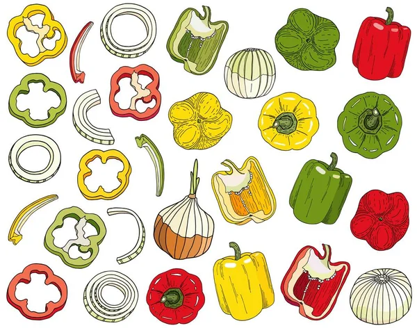 Bell Pepper Och Lök Set Handritad Röd Grön Gul Paprika — Stock vektor