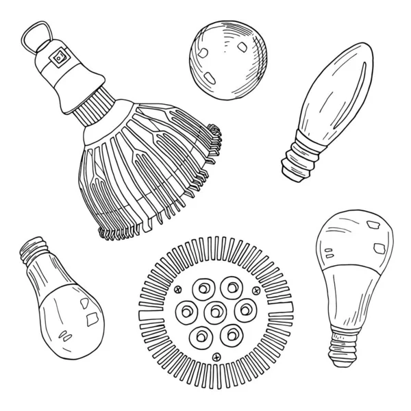 Set Vektor-Glühbirnen. Handgezeichnete LED-Lampen und Phyto-Lampen isoliert auf weißem Hintergrund. Umrissene Schwarz-Weiß-Illustration. — Stockvektor