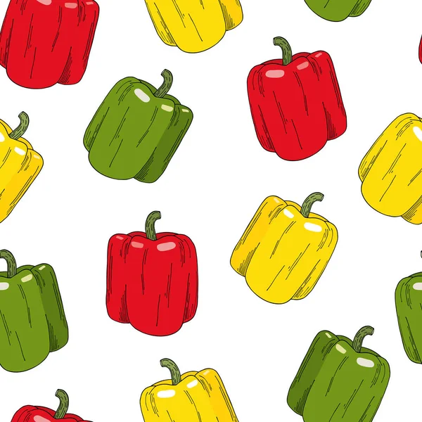 Modello senza cuciture con peperoni colorati. Illustrazione di stock del vettore del fumetto disegnato a mano. Capsico rosso, verde, giallo isolato su bianco. Ingredienti saporiti, verdure, paprica per tessile, arredamento. — Vettoriale Stock