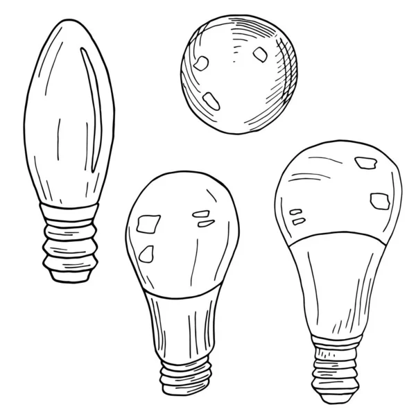 Set Vektor-Glühbirnen. Handgezeichnete LED-Lampen isoliert auf weißem Hintergrund. Umrissene Schwarz-Weiß-Illustrationen. Ansicht der Glühbirne von oben, Lampendeckel. — Stockvektor