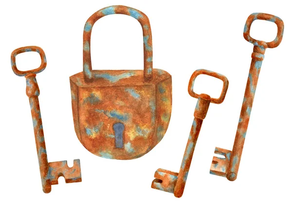 Watercolor rusted lock and keys set. Hand drawn old rusty vintage objects isolated on white background. — Stock Photo, Image