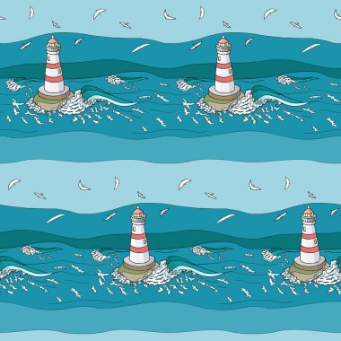 Seamless pattern with beacon in waves and seagulls in sky. Marine vector stock illustration. Cartoon blue ocean water, lighthouse and white birds. Texture for wallpaper, cards, decoration. clipart