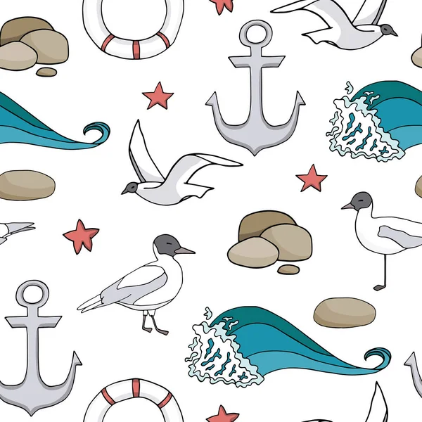 Schattig marine vector naadloos patroon. Cartoon gekleurde anker, reddingsboei, meeuw, zeester, stenen en watergolf geïsoleerd op witte achtergrond. Voorraad illustratie voor kinderen, textiel, kaarten, verpakking. — Stockvector