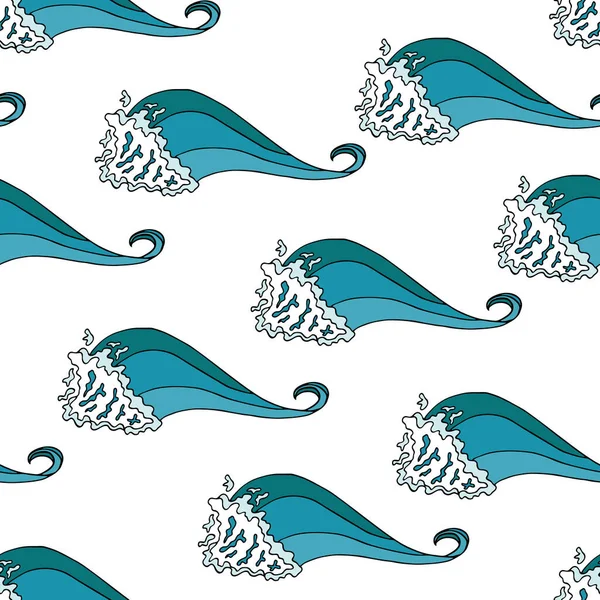 Oceaangolven naadloos patroon. Handgetekende doodle vector illustratie geïsoleerd op witte achtergrond. Leuke cartoon zeegolven met schuim. Herhaalde textuur voor textiel, bedrukking, omslag, behang, kinderen. — Stockvector